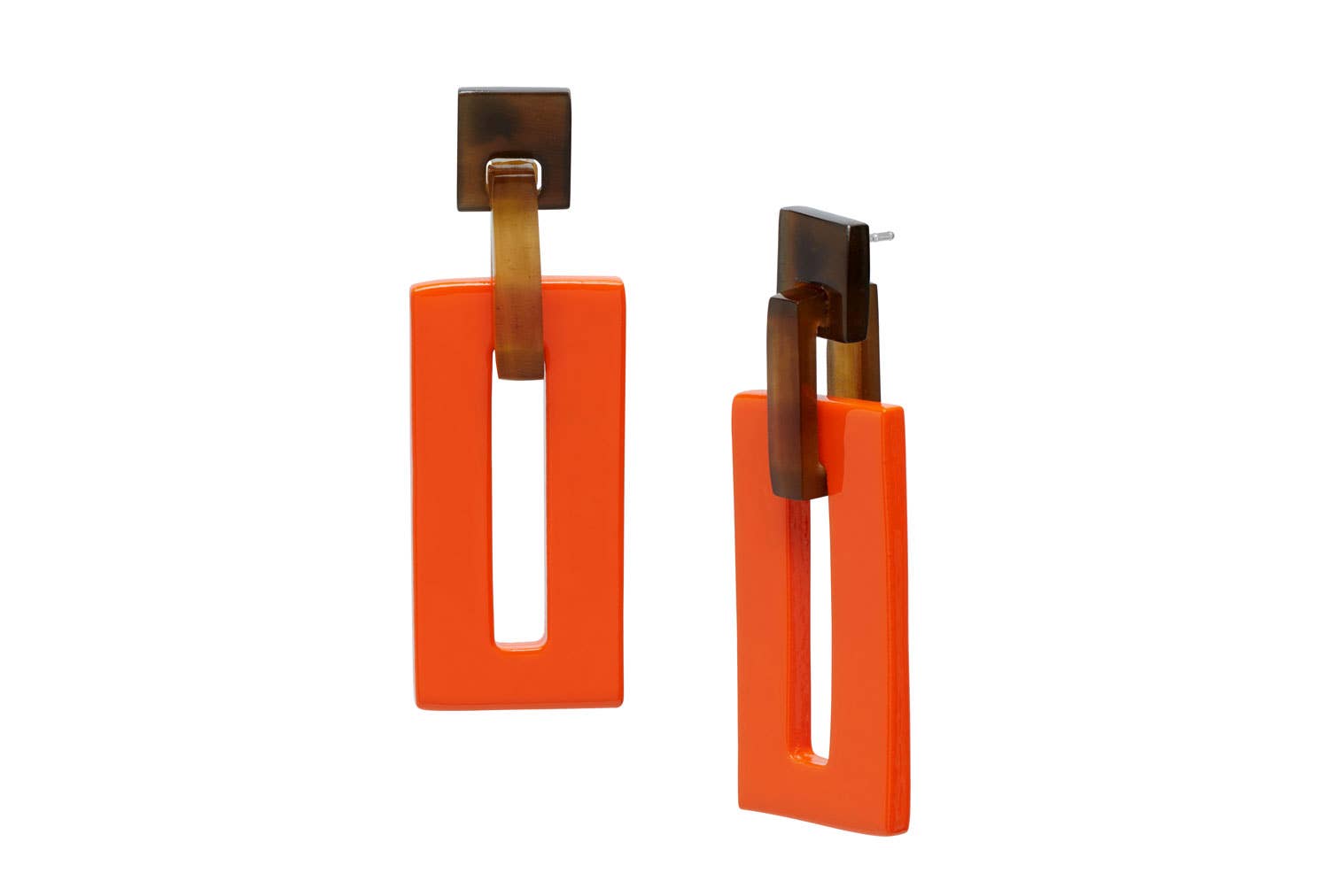 Orangefarbene und braune natürliche rechteckige Gliederhornohrringe