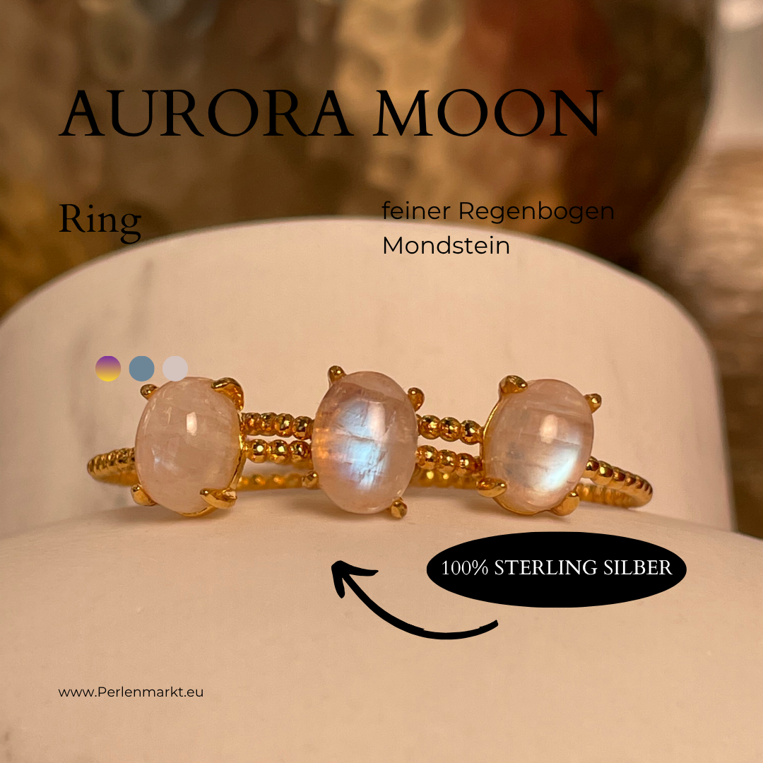 Aurora Moon feiner Ring mit Regenbogen Mondstein