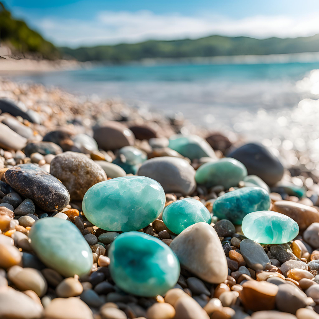schöne, türkis blaue runde Steine liegen am Strand , die Sonne scheint