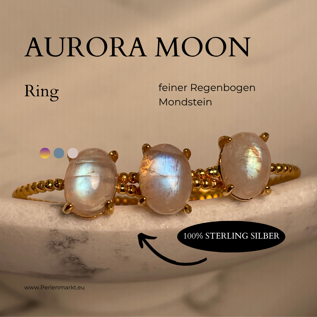 Aurora Moon feiner Ring mit Regenbogen Mondstein