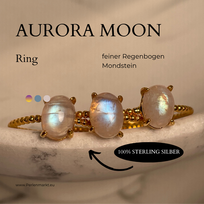 Aurora Moon feiner Ring mit Regenbogen Mondstein