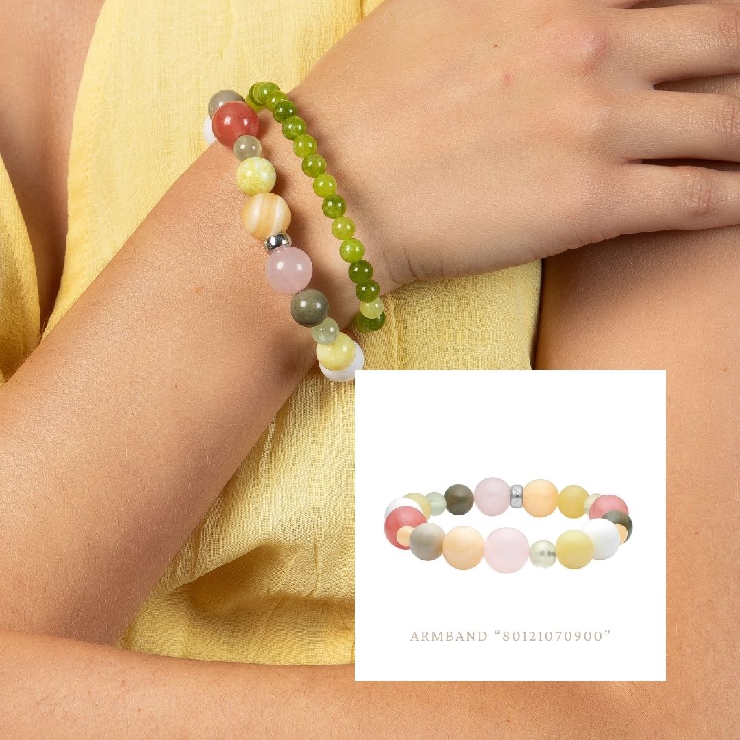 Heinzendorff Armband Rosenquarz, Jade, Prehnit &amp; Jaspis 12 mm – silber