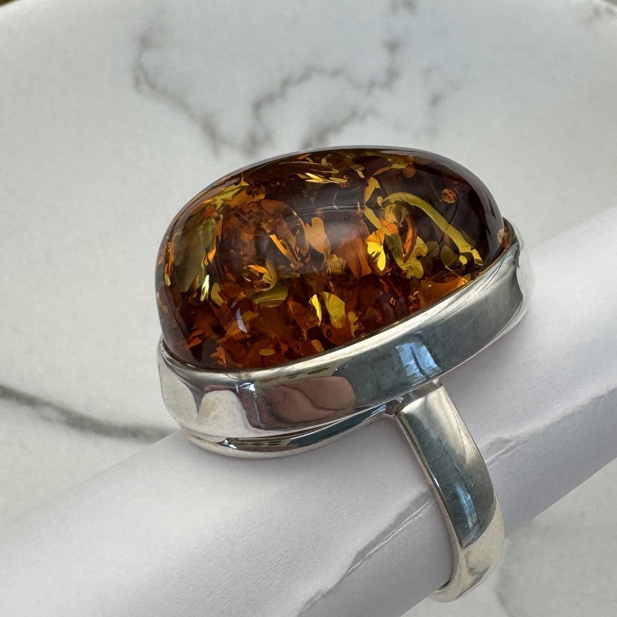 Bernstein Ring cognac in Tropfenform, Sterling Silber 925