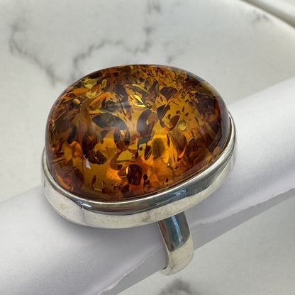 Bernstein Ring cognac oval in Sterling Silber 925
