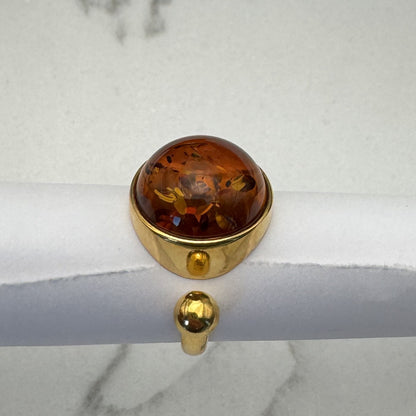 Bernstein Ring cognac rund mit goldener Kugel, Silber vergoldet – Ansicht 3