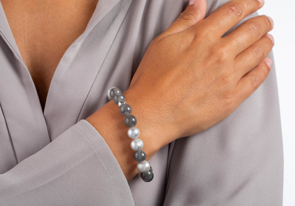 Heinzendorff Armband Multi Grau mit Quarz &amp; Süßwasserperle 10 mm – silber