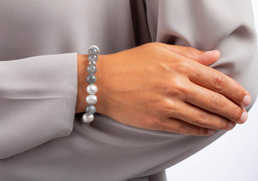 Heinzendorff Armband Multi Grau mit Quarz &amp; Süßwasserperle 10 mm – silber