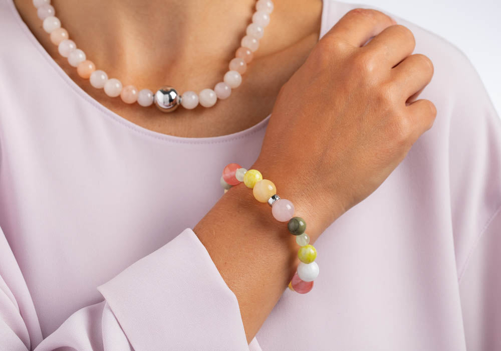 Heinzendorff Armband Rosenquarz, Jade, Prehnit &amp; Jaspis 12 mm – silber