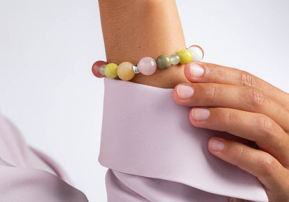 Heinzendorff Armband Rosenquarz, Jade, Prehnit &amp; Jaspis 12 mm – silber