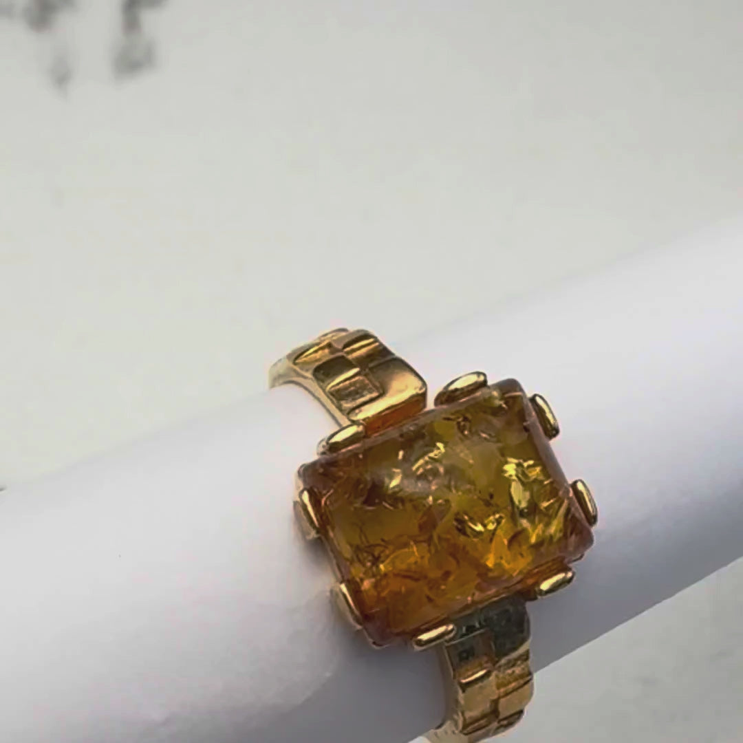 Honiggelber Bernstein Ring eckig, Silber vergoldet – Video
