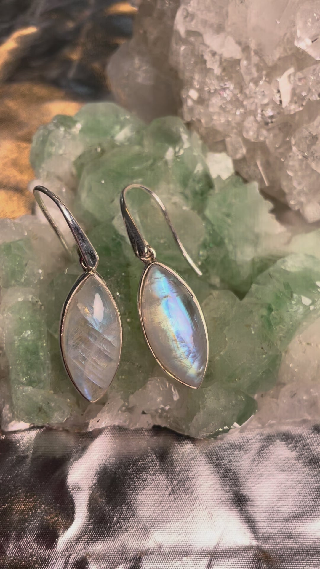 Regenbogen-Mondstein Ohrhänger, Navette – Sterling Silber 925