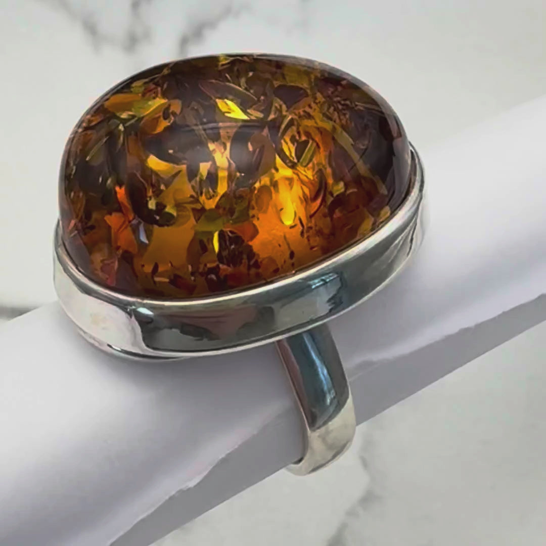 Bernstein Ring cognac oval in Sterling Silber 925 – Video