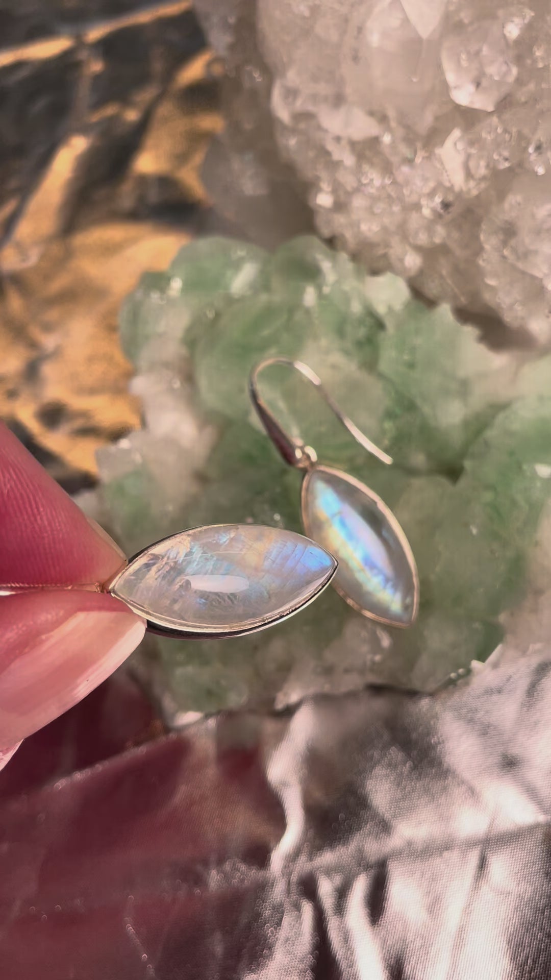 Regenbogen-Mondstein Ohrhänger, Navette – Sterling Silber 925