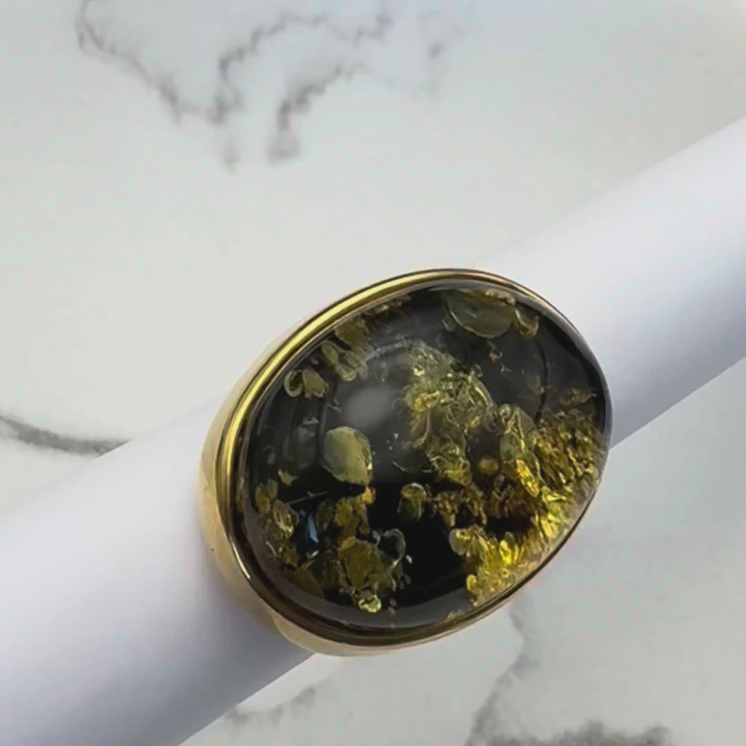 Grüner Bernstein Ring oval, Sterling Silber 925 vergoldet – Video