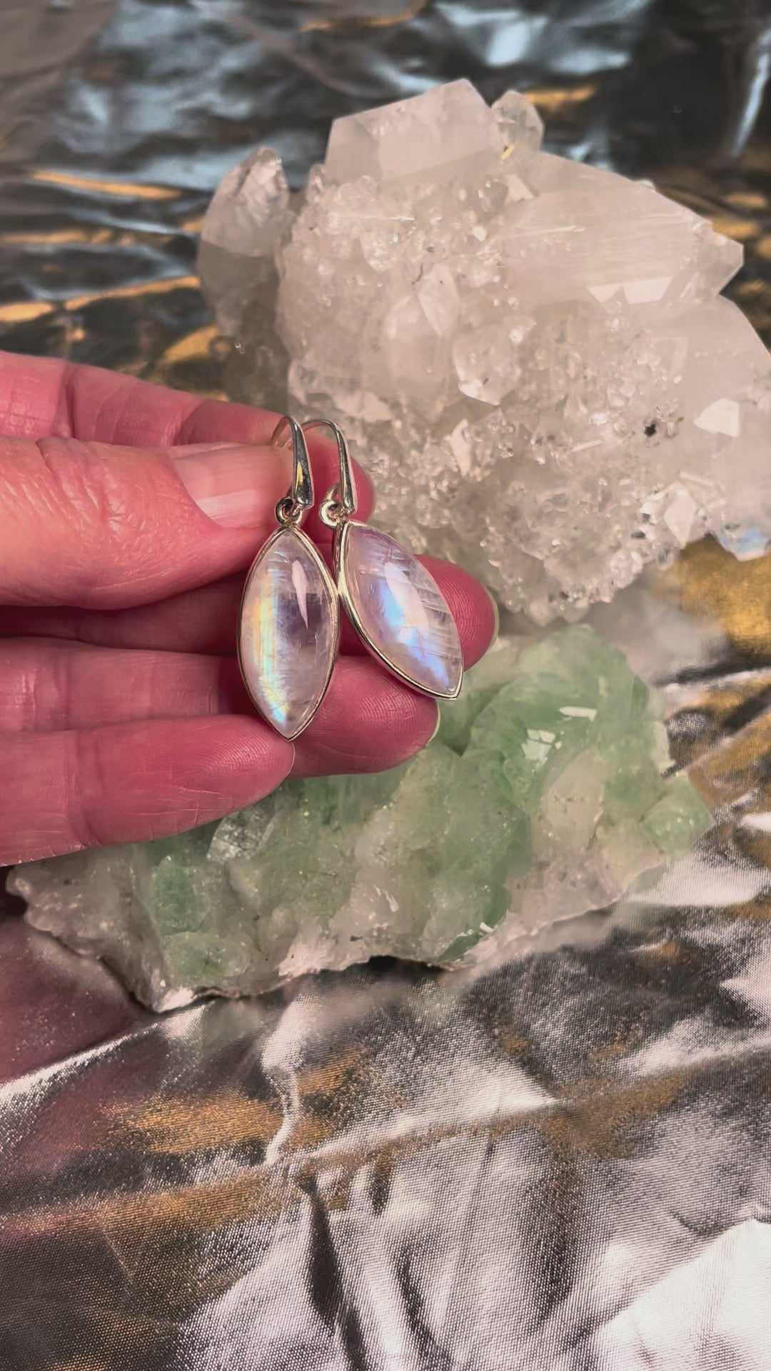 Regenbogen-Mondstein Ohrhänger, Navette – Sterling Silber 925