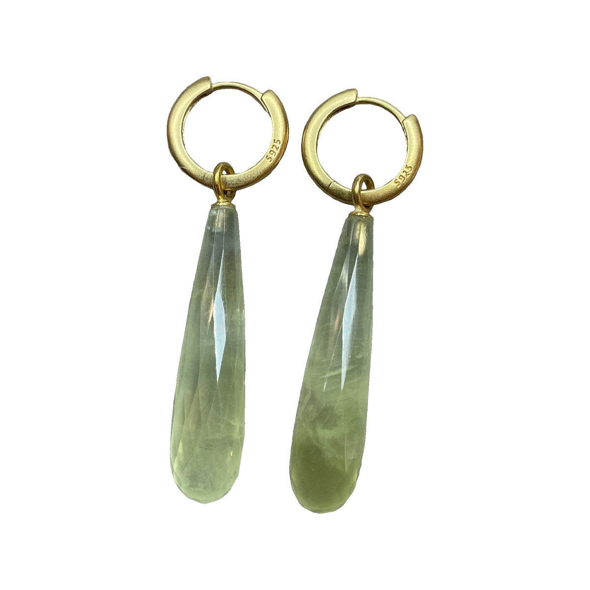 Stones in Style Creolen mit langem Prehnit-Tropfen, Silber 925 vergoldet