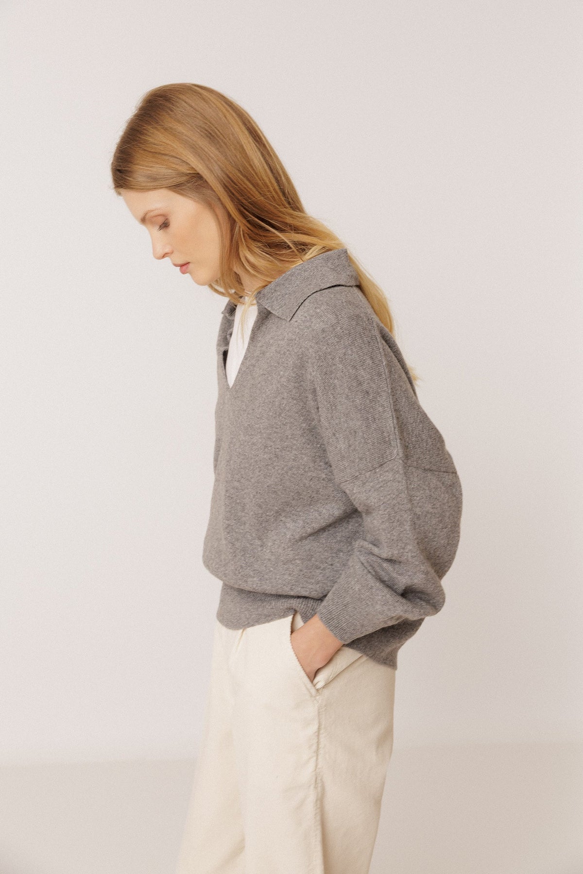INDI&amp;COLD Polo-Pullover mit Kaschmir in Grau meliert