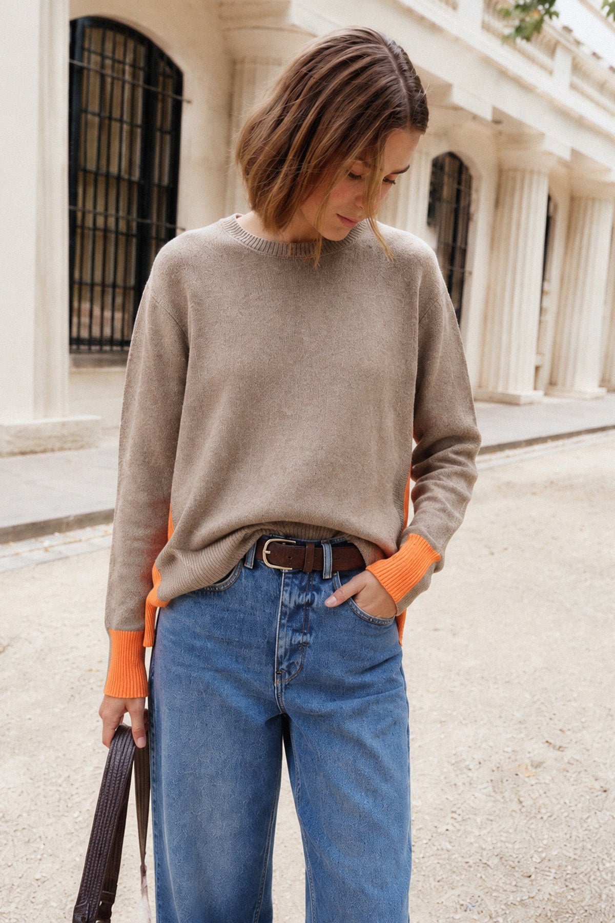 INDI&amp;COLD Pullover mit Kaschmir und Neon-Detail in Taupe