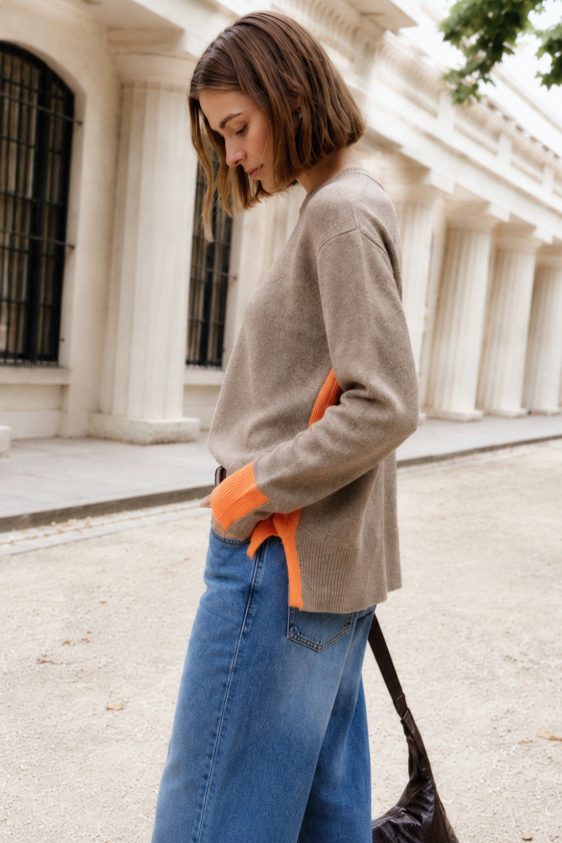 INDI&amp;COLD Pullover mit Kaschmir und Neon-Detail in Taupe